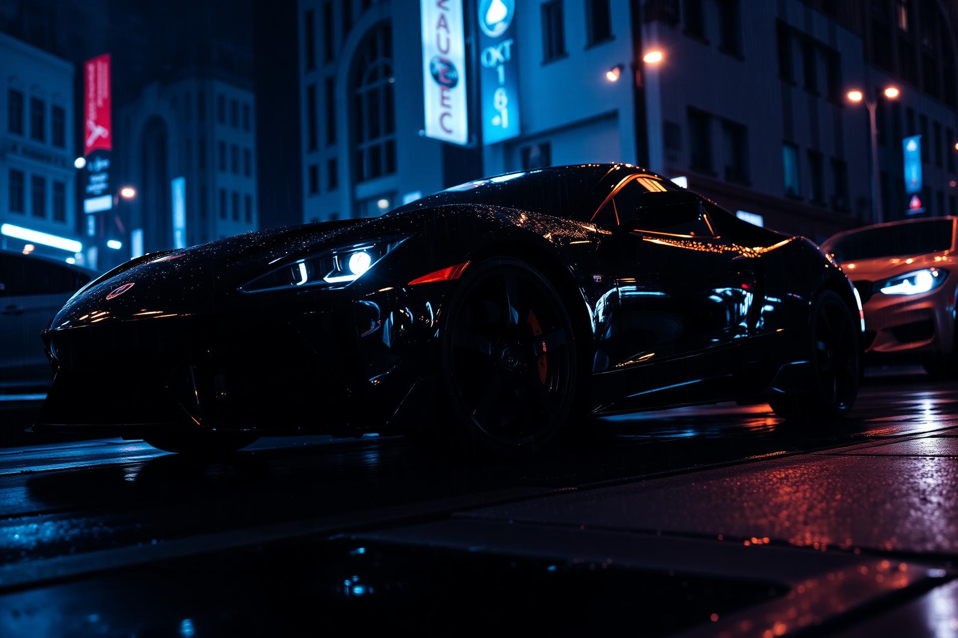 Premium black sports car at night